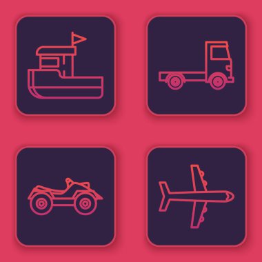 Balıkçı teknesi, tüm arazi araçları, motorsiklet, kargo kamyonu ve uçak. Mavi kare düğme. Vektör