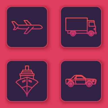 Uçak, kargo gemisi, kargo kamyonu ve Sedan vagonu ayarlayın. Mavi kare düğme. Vektör