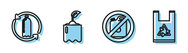 Set line No canister for gasoline, Recycling plastic bottle, Sprout in bottle and Plastic bag with recycle icon. Vector — 图库矢量图片