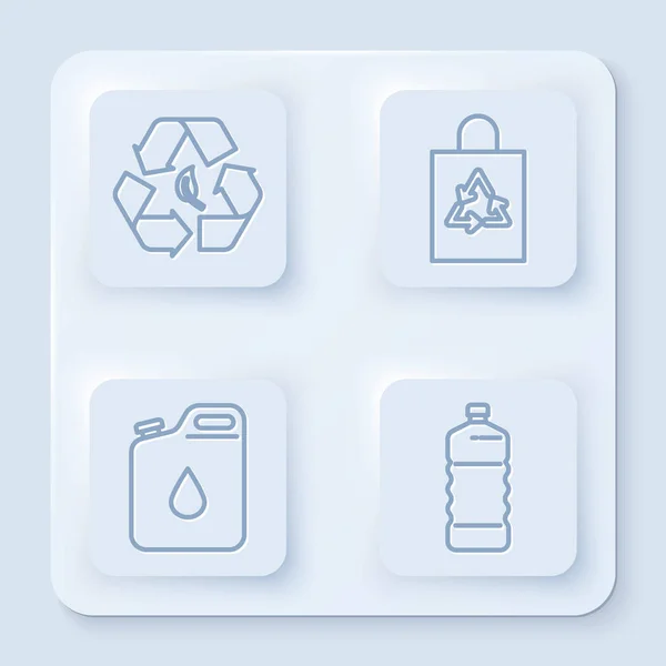 Set line Símbolo de reciclaje y hoja, Bolsa de plástico con reciclaje, Bote para gasolina y Botella de plástico. Botón cuadrado blanco. Vector — Vector de stock