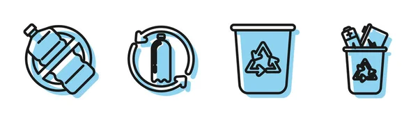 Встановіть лінію переробки кошика з символом переробки, без пластикової пляшки, переробки пластикової пляшки та переробки кошика з значком символу переробки. Векторні — стоковий вектор