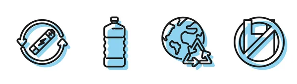 Stel lijn Planeet aarde en een recycling, Batterij met recycle symbool lijn, Plastic fles en zeg nee tegen plastic zakken poster pictogram. Vector — Stockvector