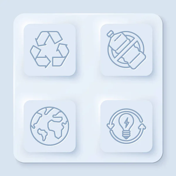 Set Line Recycle-Symbol, keine Plastikflasche, Erdkugel und Recycling und Glühbirne mit Blitz-Symbol. weiße quadratische Taste. Vektor — Stockvektor