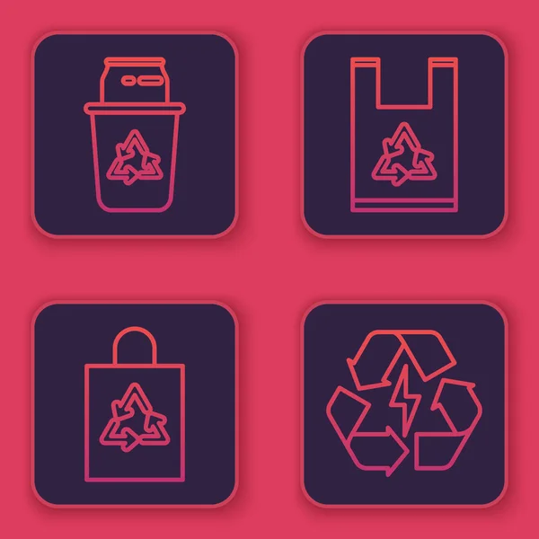 Set line Recycle bin with recycle symbol and can, Plastic bag with recycle, Plastic bag with recycle and Battery. Blue square button. Vector — 图库矢量图片