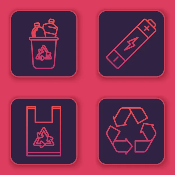 Set line Papelera de reciclaje con símbolo de reciclaje, Bolsa de plástico con símbolo de reciclaje, batería y reciclaje. Botón cuadrado azul. Vector — Vector de stock