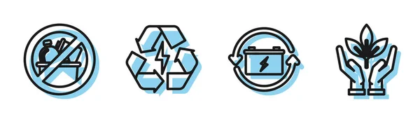 Set line Batería con símbolo de reciclaje, Sin basura, Batería con símbolo de reciclaje y Planta en mano del icono de protección del medio ambiente. Vector — Vector de stock