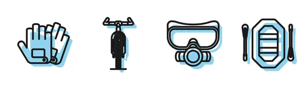 Set line Diving mask, Gloves, Bicycle and Rafting boat icon. Vector — 스톡 벡터