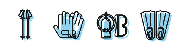 Set line Diving mask and aqualung, Ski poles, Gloves and Rubber flippers for swimming icon. Vector — Stock Vector