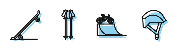 Set line Bicicleta en rampa de calle, monopatín, bastones de esquí y el icono del casco de bicicleta. Vector — Archivo Imágenes Vectoriales