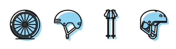 Set line Ski poles, Bicycle wheel, Helmet and Helmet icon. Vector — 스톡 벡터