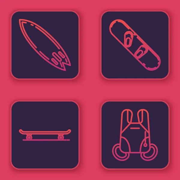 Set line Surfboard, Skateboard, Snowboard and Parachute. Blue square button. Vector — 스톡 벡터