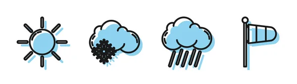 Establecer línea Nube con lluvia, Sol, Nube con nieve y Cono meteorología windsock viento veleta icono. Vector — Vector de stock