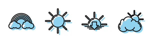 Definir linha Pôr do sol, arco-íris com nuvens, sol e sol e ícone de tempo de nuvem. Vetor — Vetor de Stock