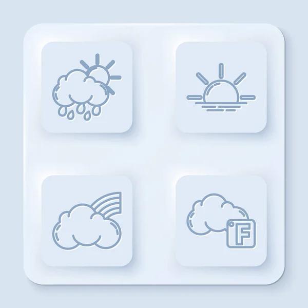 Set line Cloud with rain and sun, Sunrise, Rainbow with clouds and Fahrenheit and cloud. White square button. Vector — Stock Vector