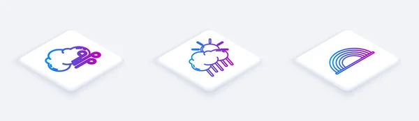 Set Isometric line Windy weather, Cloud with rain and sun and Rainbow with clouds. White square button. Vector — Stock Vector