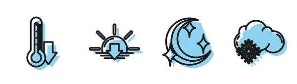 Stel lijn in Maan en sterren, Thermometer, Zonsondergang en Wolk met sneeuw icoon. Vector — Stockvector