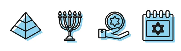 Definir linha moeda judaica na mão, pirâmides do Egito, Hanukkah menorah e calendário judaico com estrela do ícone david. Vetor —  Vetores de Stock