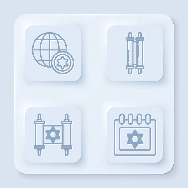 Set line World Globe and Israel, Torah scroll, Torah scroll and Jewish calendar with star of david. White square button. Vector — Stock Vector