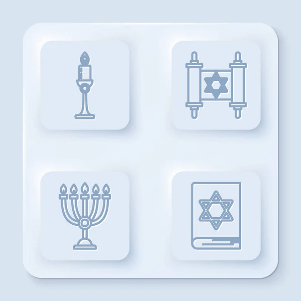 Definir linha Queimando vela no castiçal, pergaminho Torá, Hanukkah menorah e livro Torá judaica. Botão quadrado branco. Vetor — Vetor de Stock