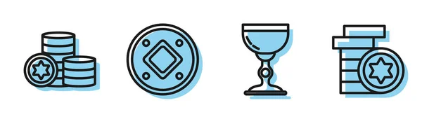 Set line Jewish goblet, Jewish coin, Jewish coin and Jewish coin icon. Vector — Stock Vector