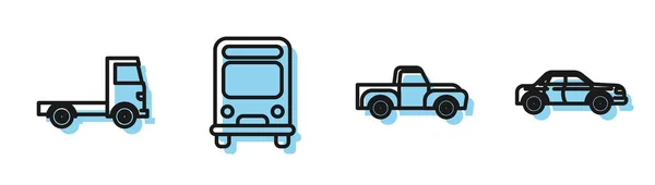 Ställ in linje Pickup truck, Leverans lastbil fordon, Buss och Sedan bil ikon. Vektor — Stock vektor