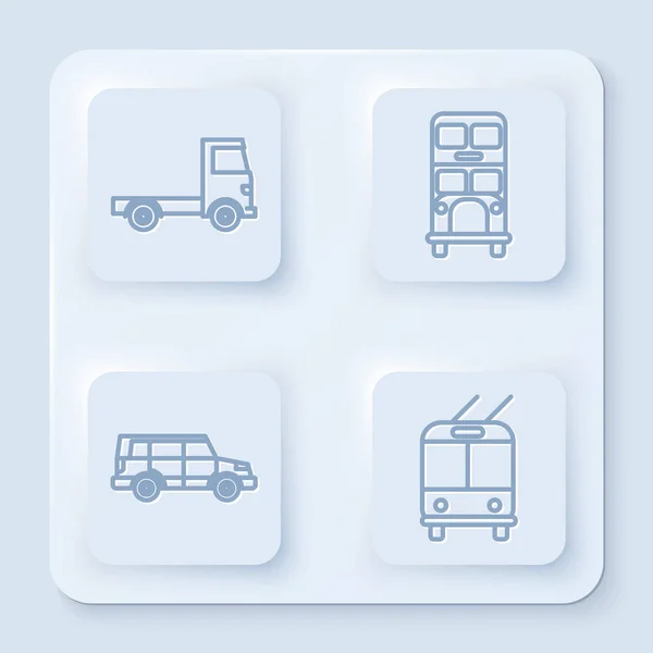 Set-Line-Lieferung Lastkraftwagen, Doppeldeckerbus, Geländewagen und Obus. weiße quadratische Taste. Vektor — Stockvektor