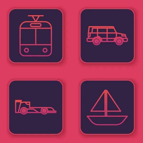 Set γραμμή τραμ και σιδηροδρόμων, Φόρμουλα αγωνιστικό αυτοκίνητο, Off road αυτοκίνητο και γιοτ ιστιοφόρο ή ιστιοφόρο. Μπλε τετράγωνο κουμπί. Διάνυσμα — Διανυσματικό Αρχείο