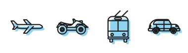 Hat Trolleybus, Uçak, Tüm Arazi Aracı ya da Atv motosikleti ve Hatchback araba ikonu. Vektör