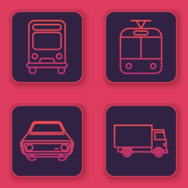 Otobüs, araba, tramvay, tren ve kargo kamyonu ayarlayın. Mavi kare düğme. Vektör