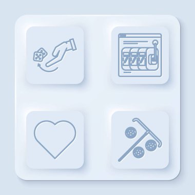 Satır insan eli zar atma, Online kumar makinesi, şanslı yedili ikramiye, kalp sembollü kart oynama ve fiş yerine Stick oynama. Beyaz kare düğme. Vektör