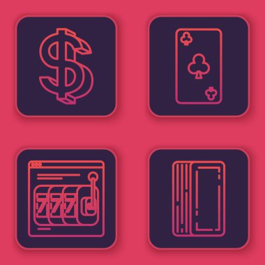 Çevrimiçi Dolar sembolü, şanslı yedinci büyük ikramiyesi olan online kumar makinesi, kulüp sembollü kart oynamak ve iskambil destesi. Mavi kare düğme. Vektör