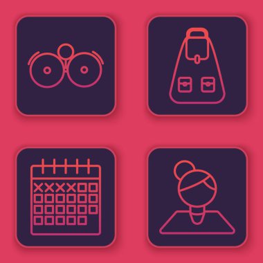 Sabit hat alarm zili, takvim, okul çantası ve öğretmen. Mavi kare düğme. Vektör