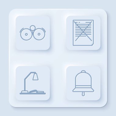 Satır zil çalma, sınav kağıdı yanlış cevap anketi, masa lambalı işyeri, açık kitap ve zil. Beyaz kare düğme. Vektör