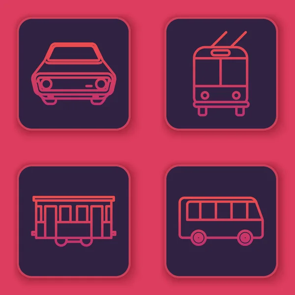 Definir linha de carro, bonde da cidade velha, Trolleybus e ônibus. Botão quadrado azul. Vetor —  Vetores de Stock