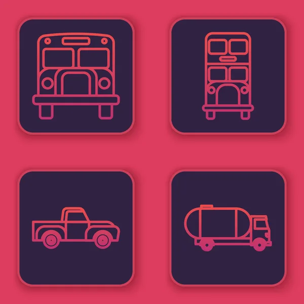 Set line School Bus, Pickup truck, Double decker bus and Tanker truck. Blue square button. Vector — 스톡 벡터