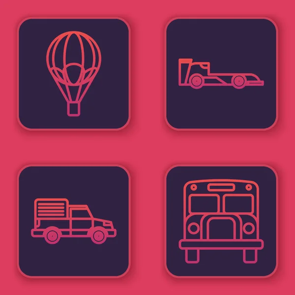 Set line Hot air balloon, Delivery cargo truck vehicle, Formula race car and School Bus. Blue square button. Vector — 스톡 벡터