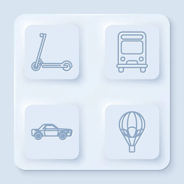 Set lijn Scooter, Bus, Sedan auto en hete lucht ballon. Witte vierkante knop. Vector — Stockvector
