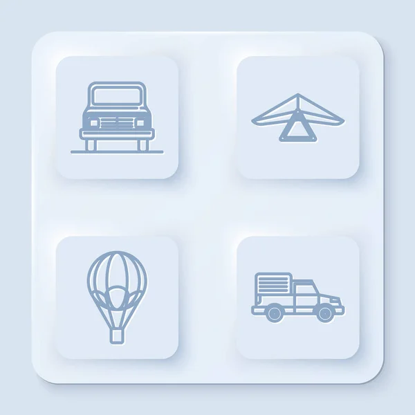 Imposta linea Auto, deltaplano, mongolfiera e consegna veicolo camion merci. Pulsante quadrato bianco. Vettore — Vettoriale Stock