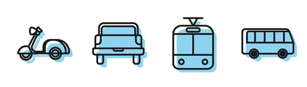 Ορισμός γραμμή τραμ και σιδηροδρόμων, σκούτερ, pickup φορτηγών και λεωφορείων εικονίδιο. Διάνυσμα — Διανυσματικό Αρχείο
