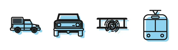 Set line Old retro vintage plane, Delivery cargo truck vehicle, Off road car and Tram and railway icon. Vector — 스톡 벡터
