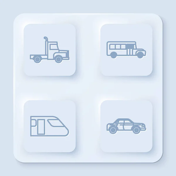 Set line Delivery cargo truck vehicle, School Bus, Train and Sedan car. White square button. Vector — 스톡 벡터