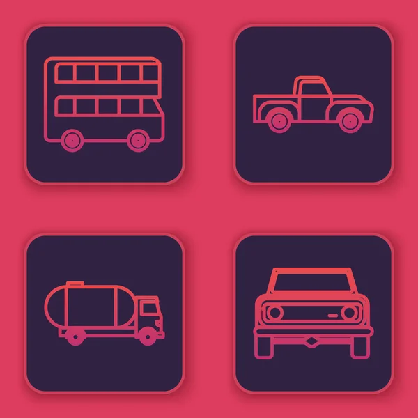 Set line Double decker bus, Tanker truck, Pickup truck and Off road car. Blue square button. Vector — 스톡 벡터