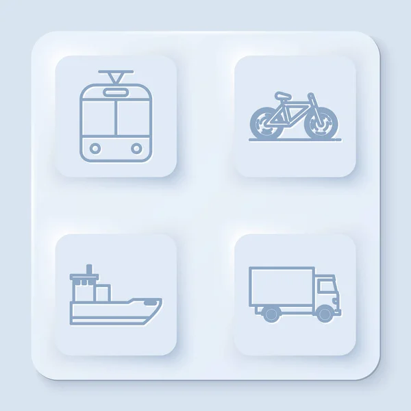 Set line Tram and railway, Bicycle, Cargo ship and Delivery cargo truck vehicle. White square button. Vector — 스톡 벡터