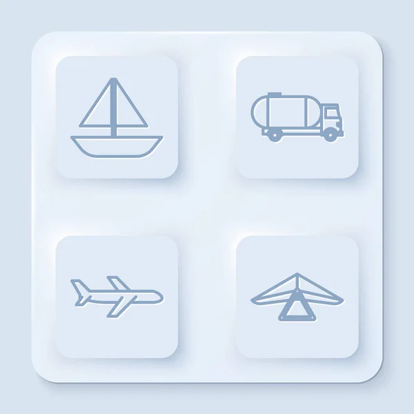 Set line Yacht sailboat or sailing ship, Tanker truck, Plane and Hang glider. White square button. Vector — Stock Vector