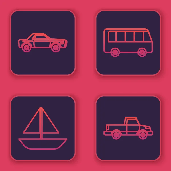 Stel lijn Sedan auto, Jachtzeilboot of zeilschip, Bus en pick-up truck. Blauwe vierkante knop. Vector — Stockvector