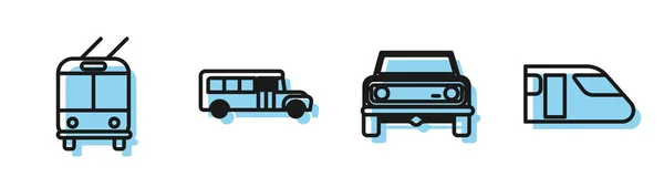 Set line Off road car, Trolleybus, School Bus and Train icon. Vector — 스톡 벡터