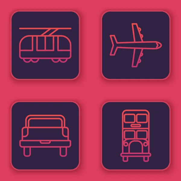 Set γραμμή τραμ και σιδηροδρόμων, Pickup φορτηγό, αεροπλάνο και διώροφο λεωφορείο. Μπλε τετράγωνο κουμπί. Διάνυσμα — Διανυσματικό Αρχείο
