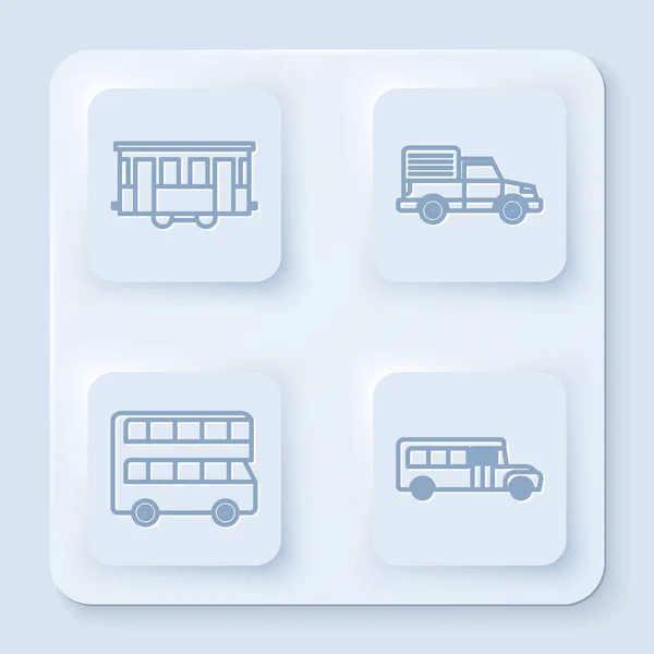 Set Linie alte Stadtbahn, Lieferwagen, Doppeldeckerbus und Schulbus. weiße quadratische Taste. Vektor — Stockvektor