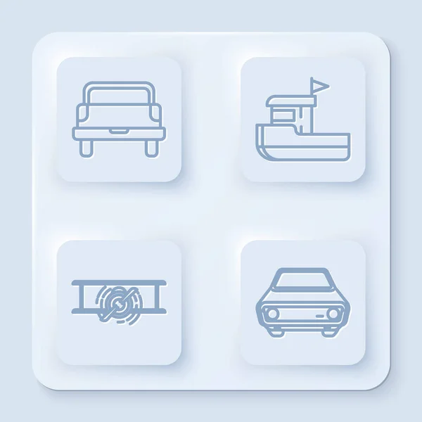 Set line Pickup truck, Vissersboot, Oud retro vintage vliegtuig en auto. Witte vierkante knop. Vector — Stockvector