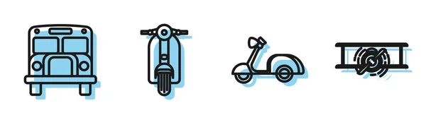 Definir linha Scooter, ônibus escolar, Scooter e ícone de avião vintage retro velho. Vetor —  Vetores de Stock